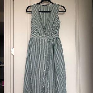Striped plunge-neck button down dress